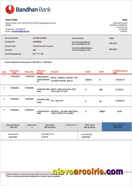 India Bandhan Bank account statement Word and PDF
